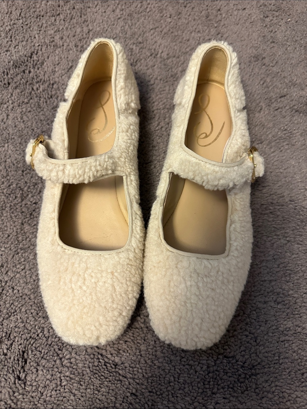 Sam Edelman Michaela Cream Shearling Mary Jane Flats with Gold Buckle